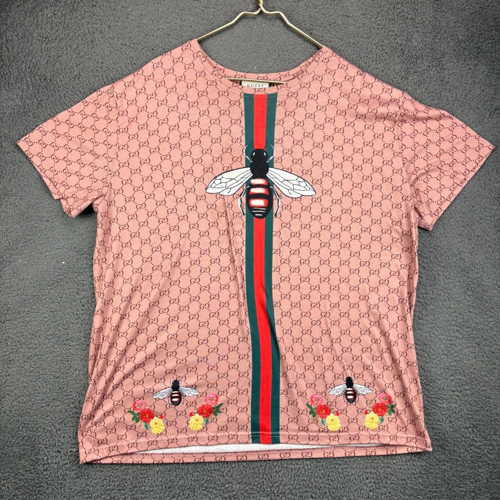 Gucci Mens Pink Monogram Bee Graphic Web Stripe T-Shirt 4XL Floral Embroidered